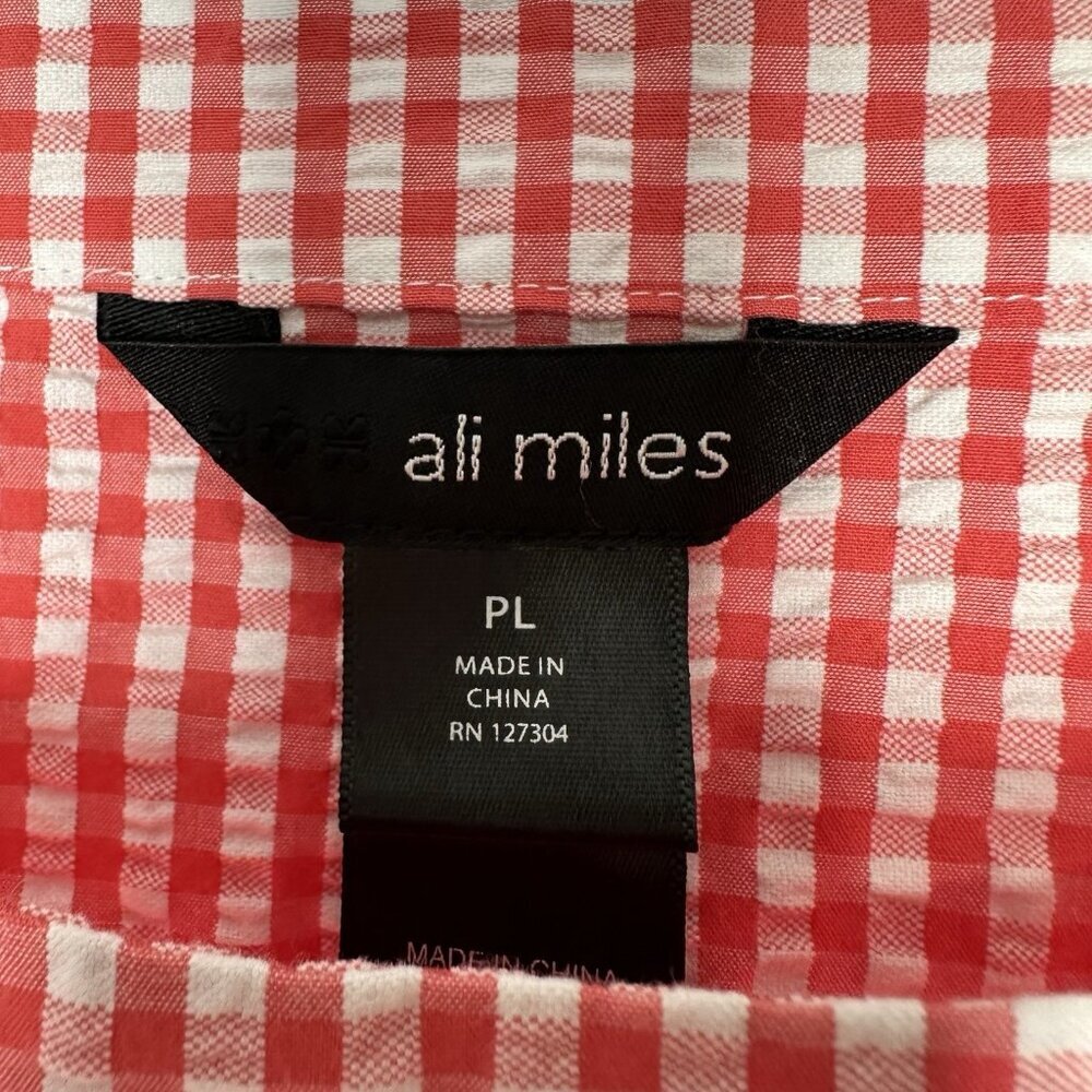 Ali Miles Gingham Ruffle Top Size L Petite Coral White - Picture 2 of 9